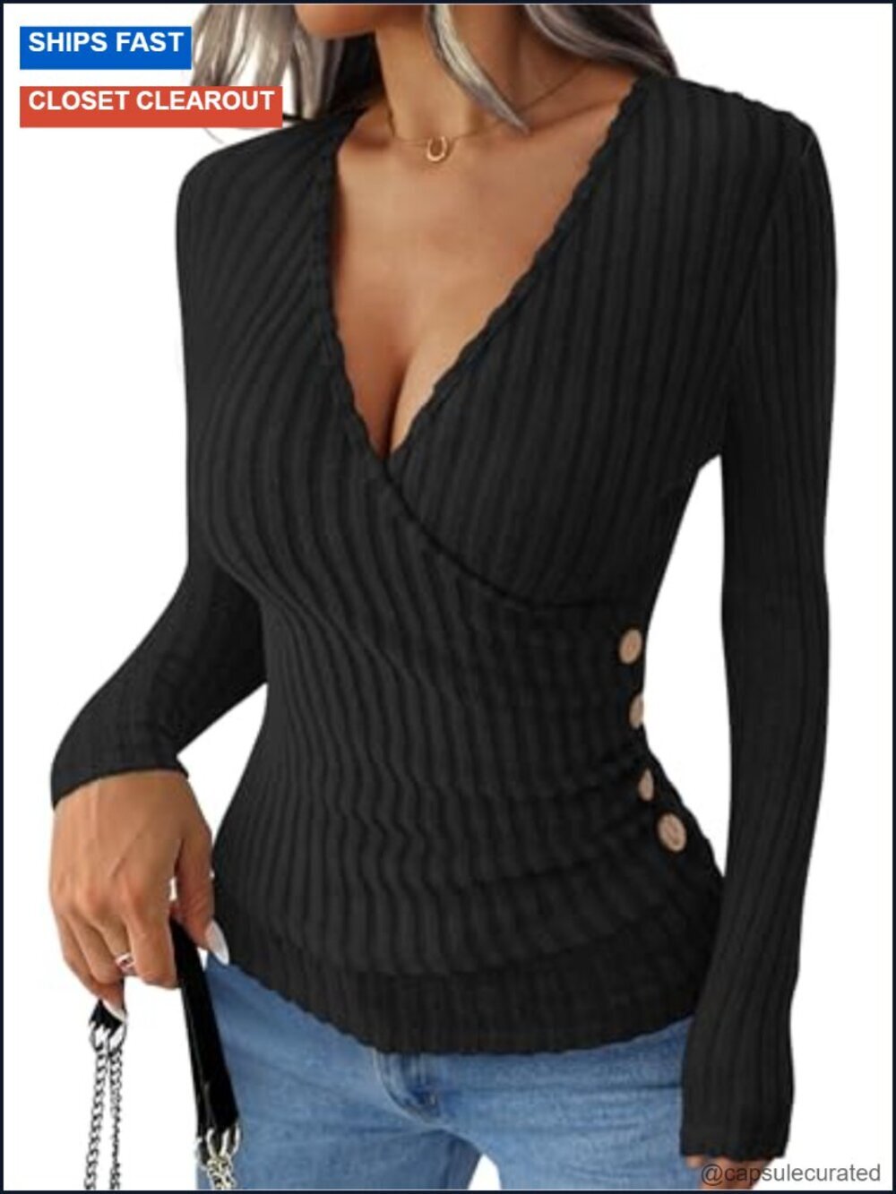 Slim Fit V Neck Long Sleeve Wrap Top